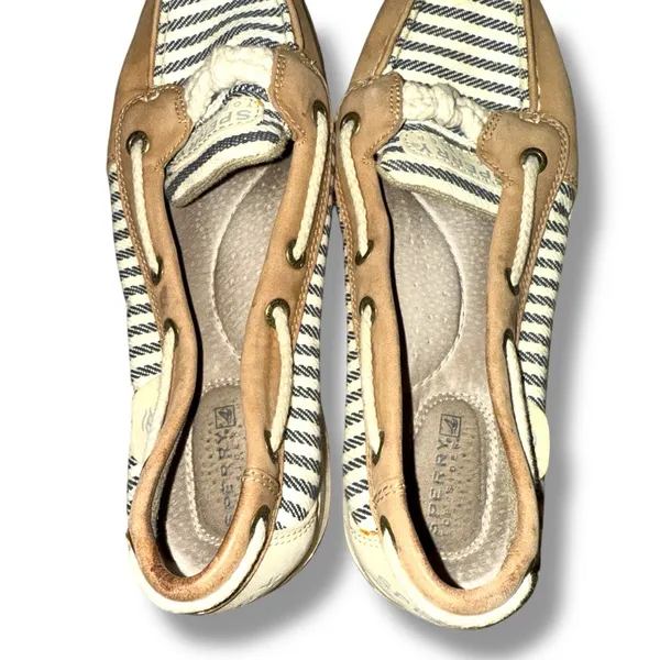 Sperry Angelfish Top Sider Cream & Blue Striped Leather Fabric Boat Shoes Sz 6‎ - Image 7