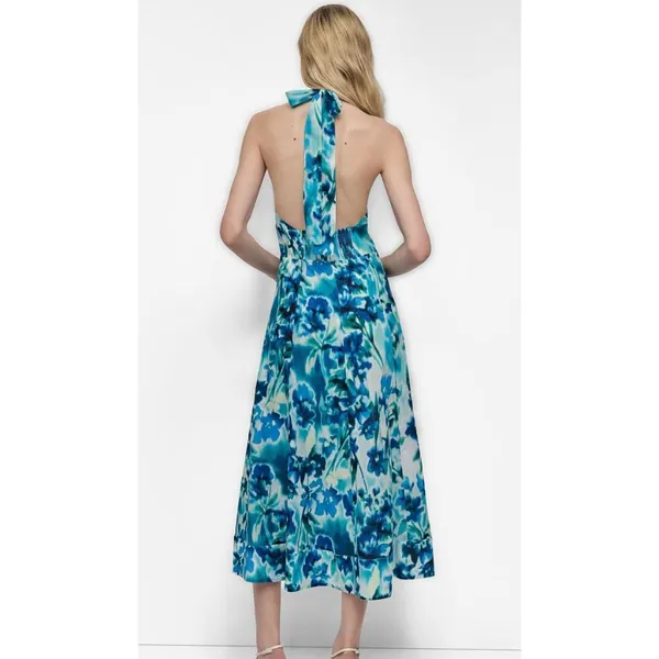 NWT DKNY Indigo Floral Halter Maxi Dress Blue Aqua Size 10 - Image 2