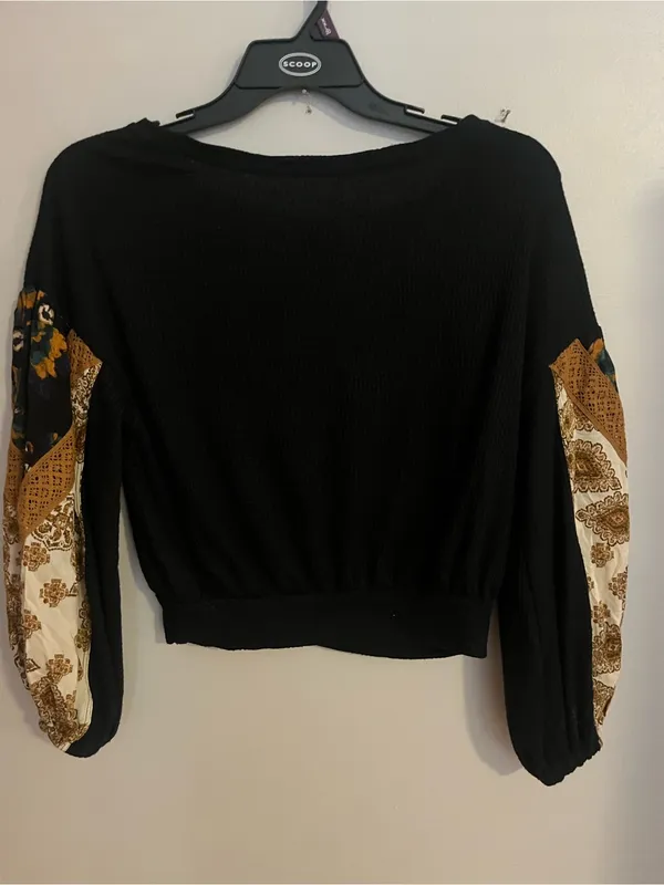 Free People Black Top with Mustard Patchwork Balloon Sleeves - Image 3