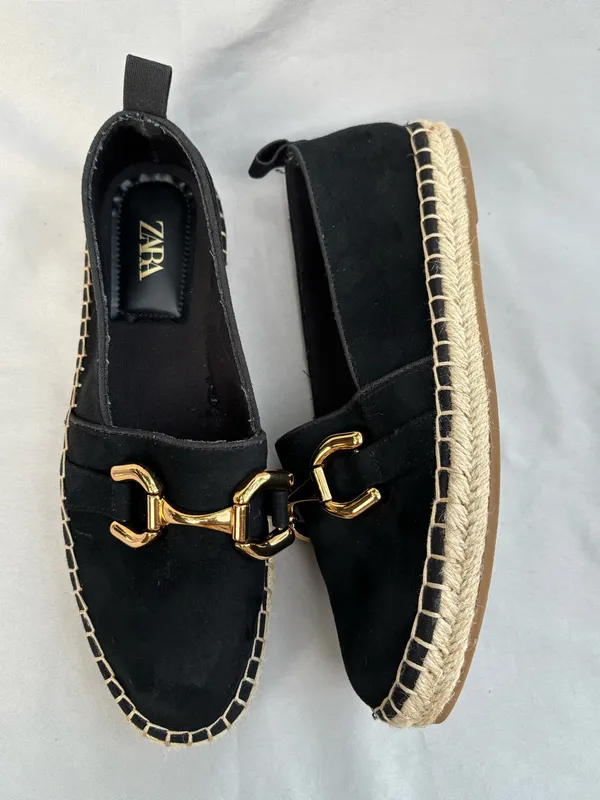 Zara Black Swede Espadrille Flats with Gold Buckle 39 - Image 2