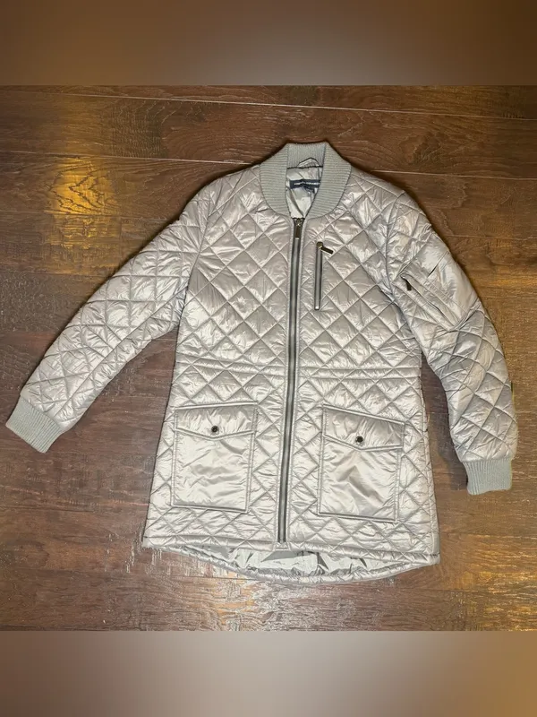 French Connection Large Silver Quilted Longline Bomber Jacket Coat - Image 2