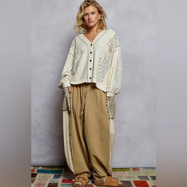 POL Lg Cream Patchwork V-Neck Button Front Cardigan - Image 3