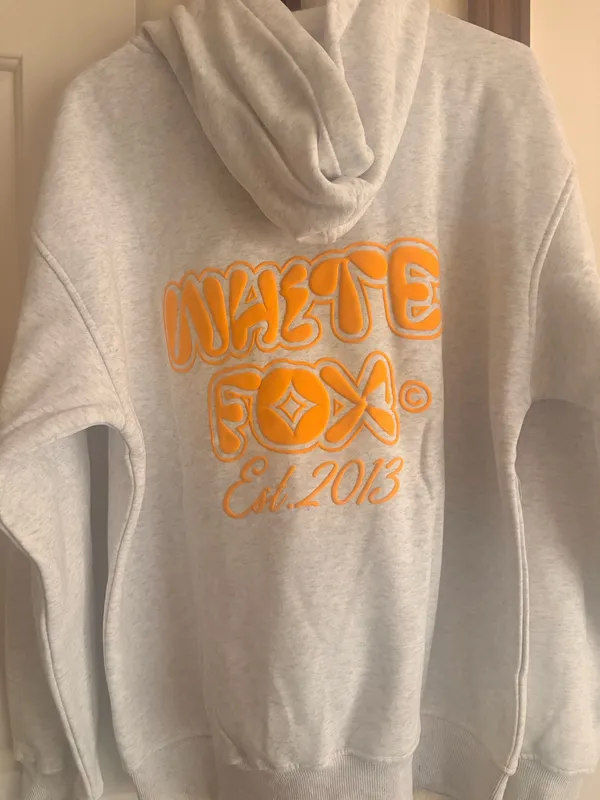 White Fox Boutique Hoodie Light Grey and Orange - Image 3