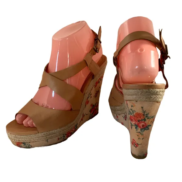 Jessica Simpson "Jp Mason" Brown Faux Leather & Floral Print Wedge Sandals (8) - Image 9