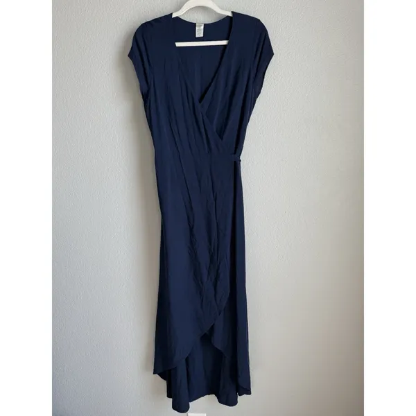 L*Space Midnight Blue Goa‎ Wrap Dress High Low Maxi Minimalist Coastal Sz Large - Image 4