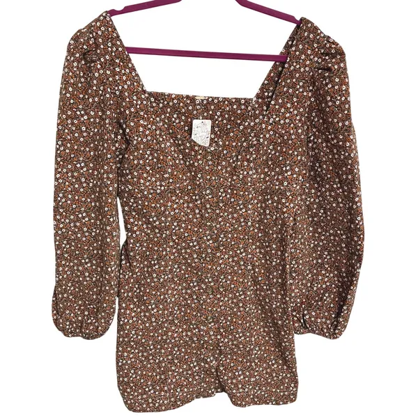 NWT Free People Call Me Cord Corduroy Mini Dress Size 6 Brown Floral Puff Sleeve - Image 2