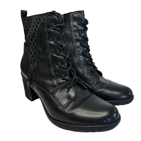 Earth Missoula Black Leather Lace Up‎ Ankle Boots Size 9 B Side Zip Stacked Heel - Image 2