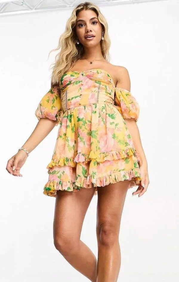 ASOS NWT Miss Selfridge chiffon corset detail puff sleeve mini dress in patchwork floral - Image 3