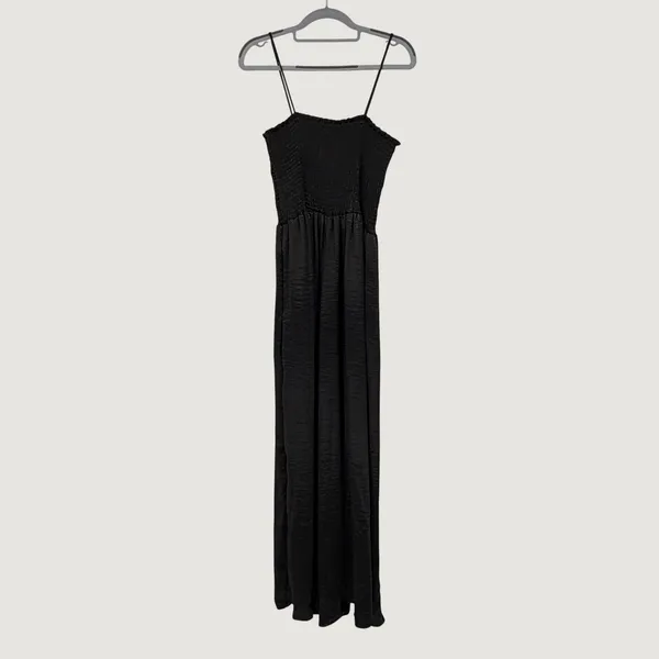 Blue Buttercup Black Smocked Satin Maxi Jumpsuit Wide‎ Leg Spaghetti Strap USA - Image 2
