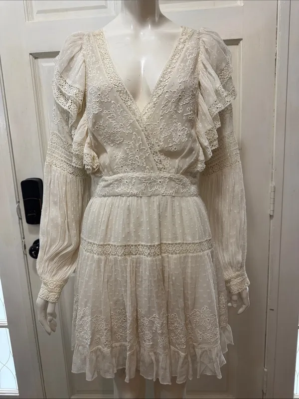 LOVESHACKFANCY Simonna Embroiled Ruffled Silk Mini Dress Size 6 - Image 2