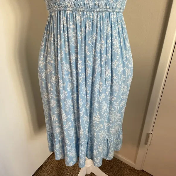 Light Blue Floral Midi Dress Small A-Line Summer Cottagecore Tie Strap Plaid - Image 4