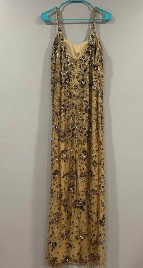 Mac Duggal 5477 Beige Gold Floral Embellished Scoop Neck Evening Gown Sz 10 - Image 6