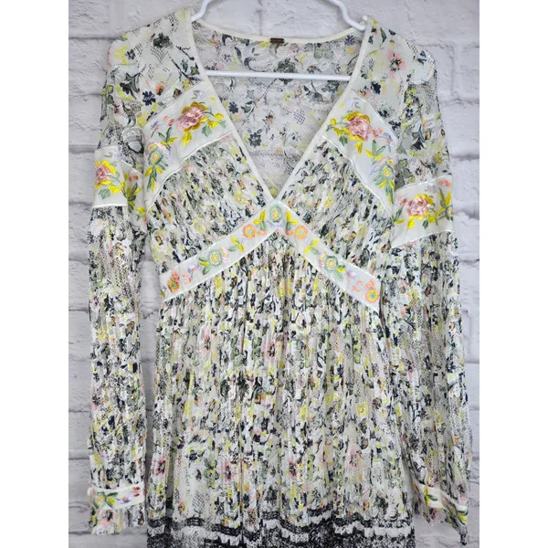 Free People Soli Plunge Long Sleeve Floral Lace Embroidered Mini Dress XS S - Image 5