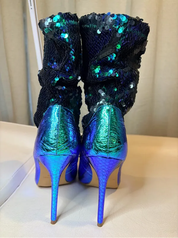 Liliana Iridescent Blue-Green Sequin Pointed Stiletto Boots - Image 3