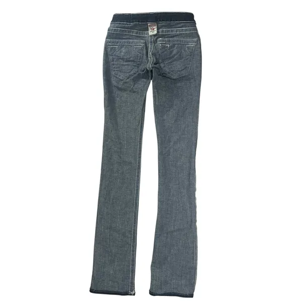 True Religion Straight Jeans Low Rise Rainbow Stitch Stretch Dark Wash Size 24 - Image 6