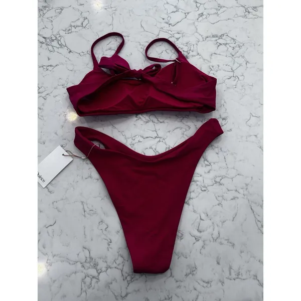 New Quince Cherry Red Scoop Neck Bikini Top & High Leg Bottom Set Size Medium - Image 2