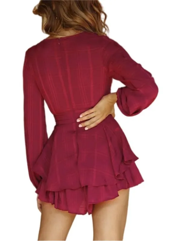 Selfie Leslie Burgundy Red V-Neck Ruffled Mini Romper - Image 8