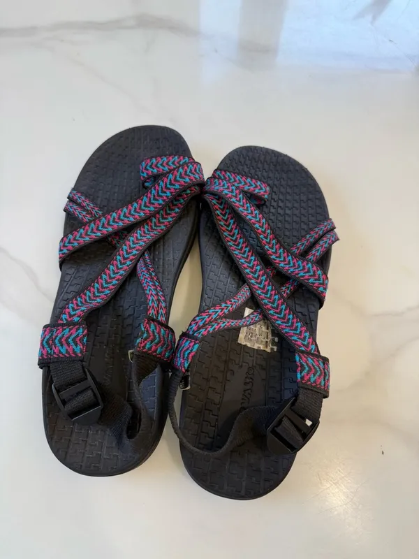 Airwalk Womens Black Sandals with Pink & Teal Patterned Straps - Image 2