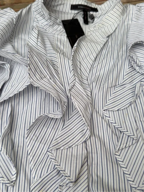BCBGMaxAzria Blue and White Striped Ruffle Button-Front Blouse - Image 2