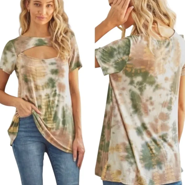 Boutique Olive Tie Dye Cut Out Top - Image 2