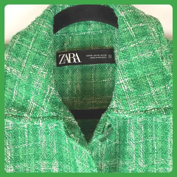 Zara Green Tweed Shacket XS Shirt Jacket Plaid Fringed Hem Y2K Vintage Old Money - Image 2