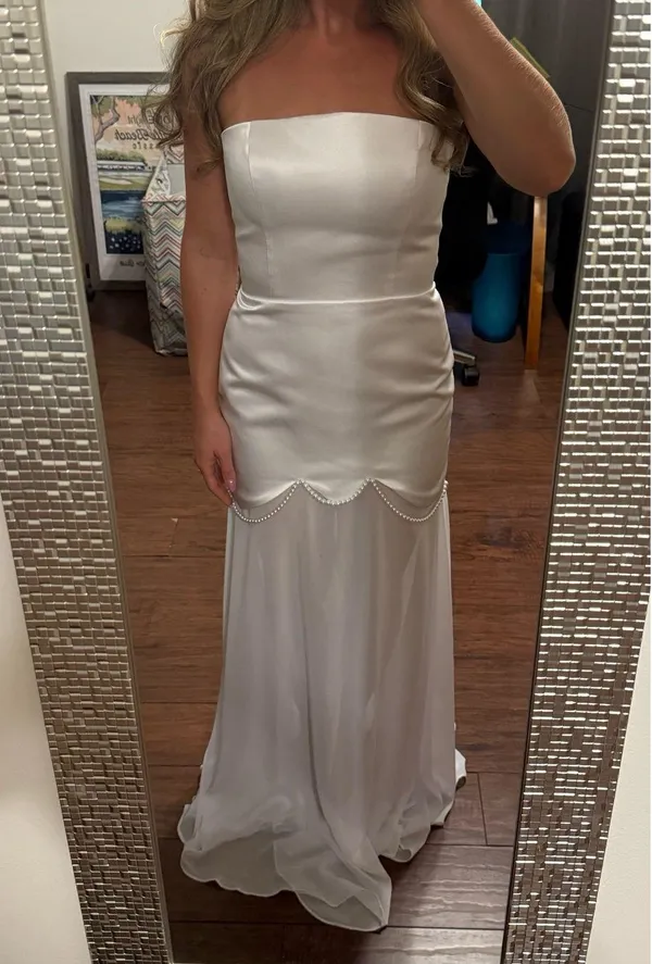 Bridal White Satin Strapless Dress with Shear Chiffon Underlay and Scarf with Pearl Beading - Image 2