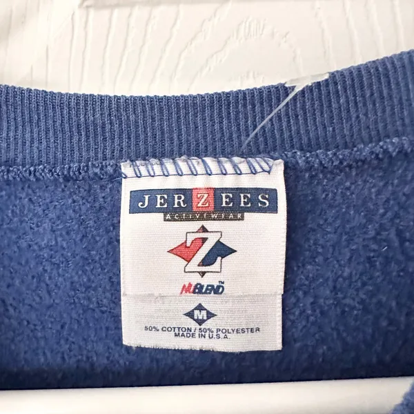 Jerzees Vintage Blue Crew Sweatshirt Embroidered Floral Patchwork Starburst Med - Image 6