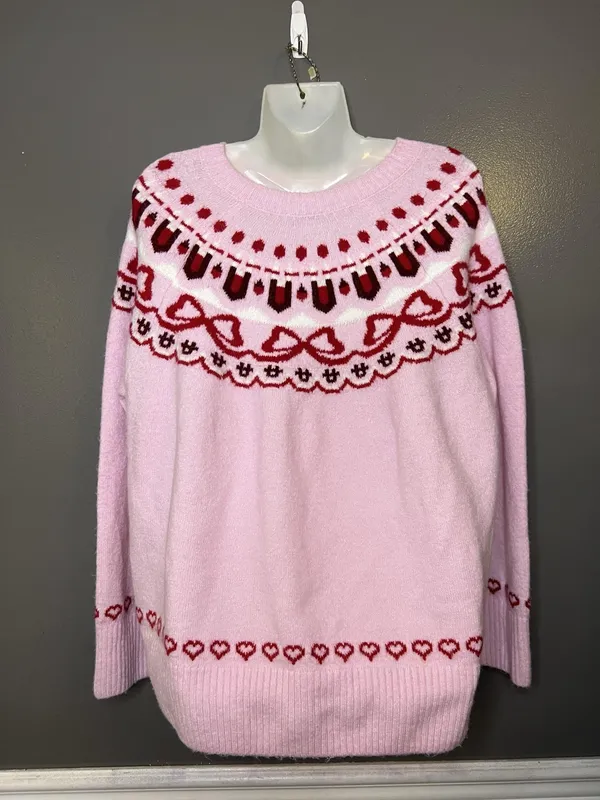 CeCe Sweater Womens XL Pink Fair Isle Hearts Bows Crew Neck Knit Pullover - Image 5
