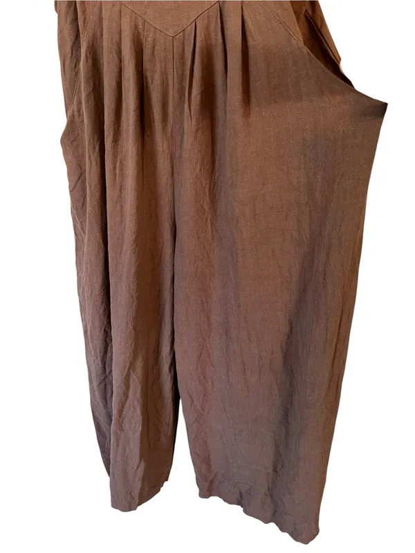 Caracilia Brown Wide-Leg Linen-Blend Overalls Jumpsuit - Image 4