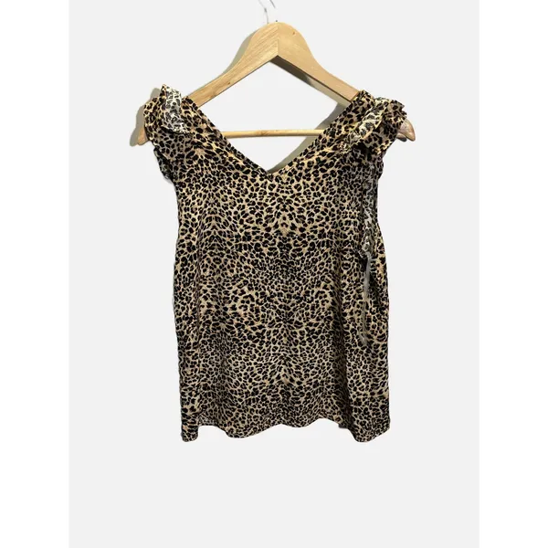 Entro Tank Top Womens Small Brown Leopard Ruffle V-Neck Sleeveless Blouse Animal - Image 6
