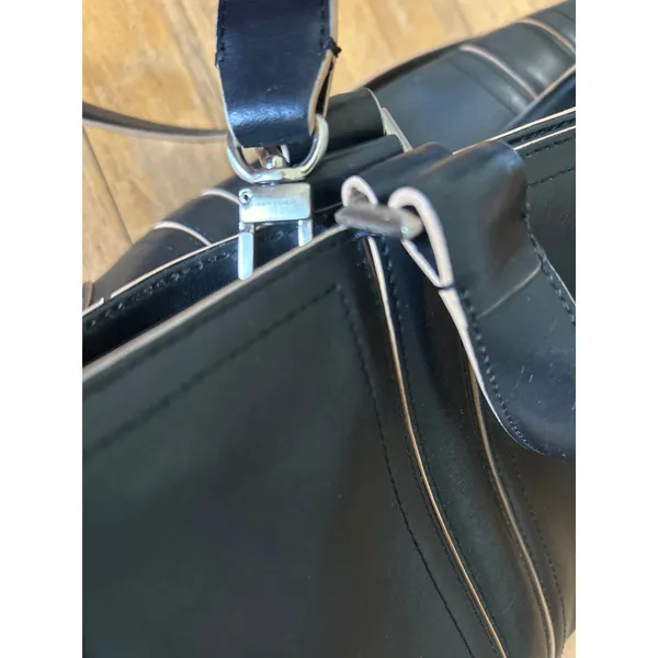 Ellen Tracy Black Leather Tote Bag Satchel Contrast Piping Silver Hardware - Image 10