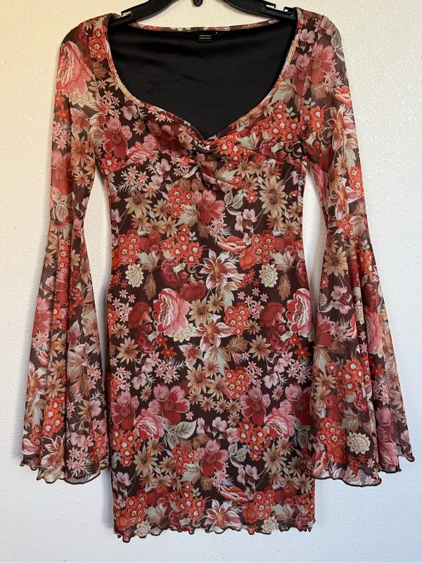 Y2K Floral Mesh Mini Dress Bell Sleeves Ruched Bust Boho Fairycore Grunge Size S - Image 2