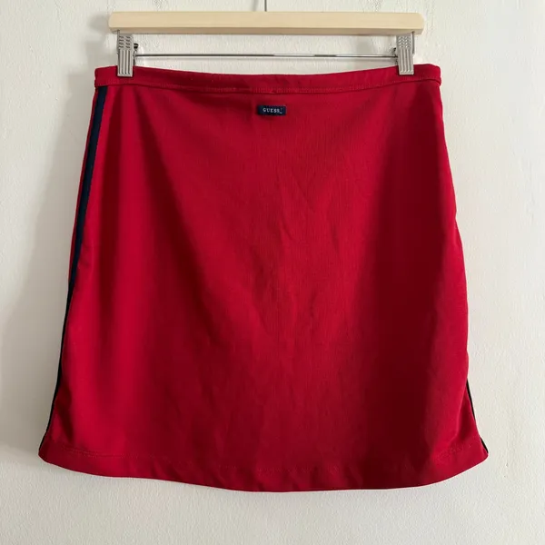 90s Vintage GUESS | Red Stretch Pull on Drawstring Side Stripe Mini Skirt Large - Image 4