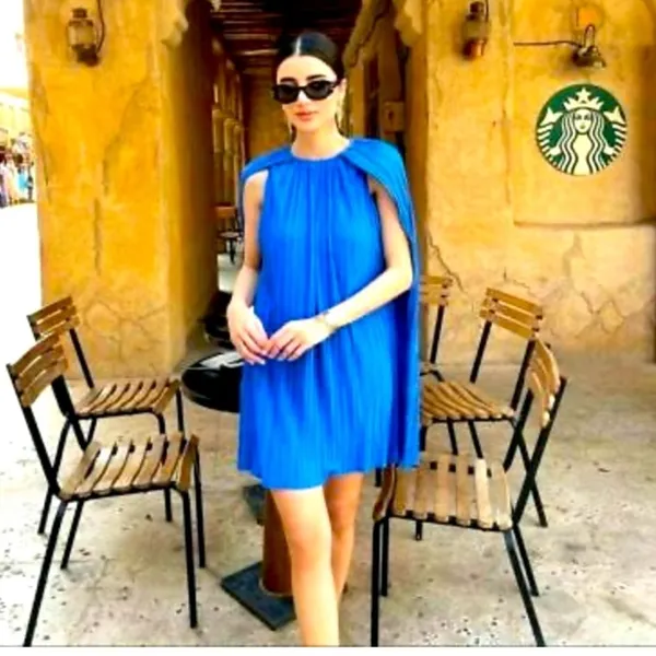 Zara Bright Blue Pleated Cape-Back Mini Dress - Image 3