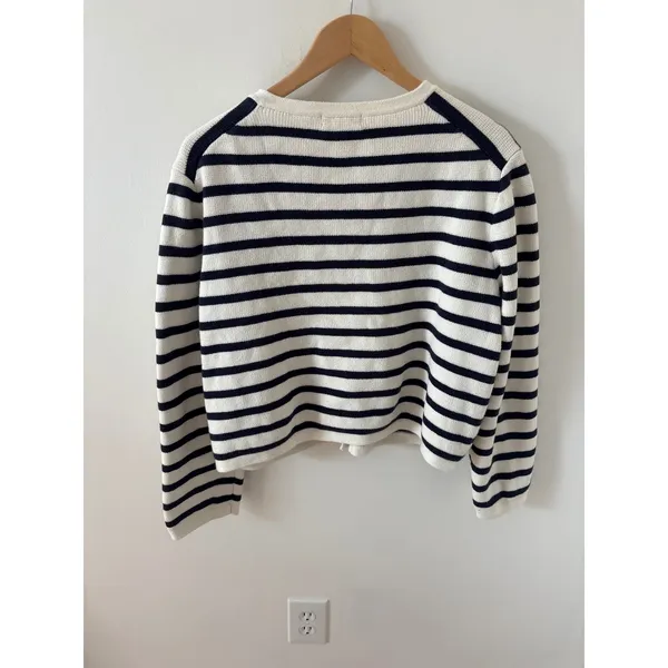 J.Crew Emilie Patch-Pocket Cardigan Sweater Navy White Striped Gold Button XL - Image 3