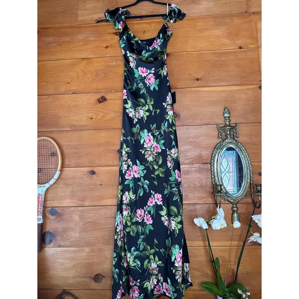 NWT Lulus Captivating Grace Black Floral Satin Ruffled Maxi Dress Cruise Gala S - Image 2