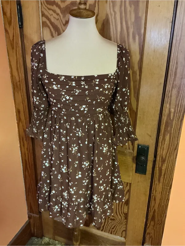 Blue Rain Floral Babydoll Mini Dress Medium Cottagecore Brown Sheer Sleeve - Image 6