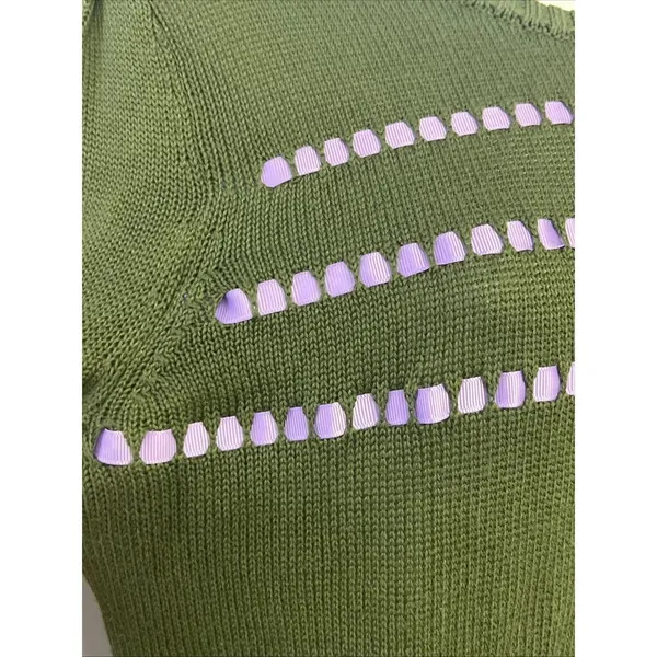 ModCloth Olive Green Knit Puff Short Sleeve Sweater Light Purple Ribbon- Medium - Image 3