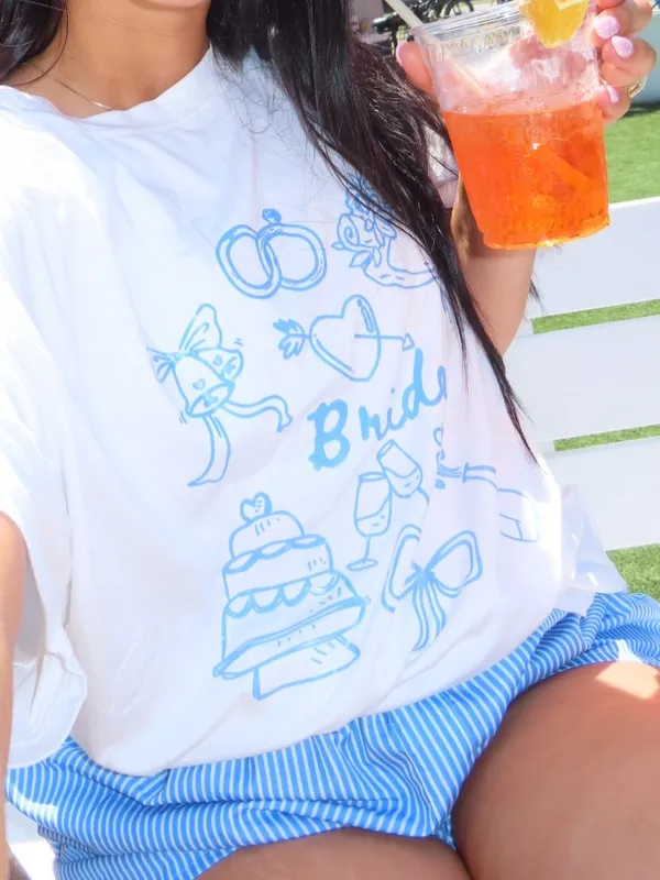 White 'Bride' Graphic Tee with Light Blue Print Size L - Image 2