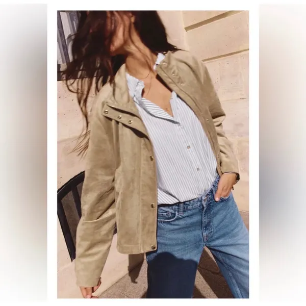 Zara Faux Suede Bomber Jacket Women Large Tan Minimalist Elastic Hem Snap Front - Image 3
