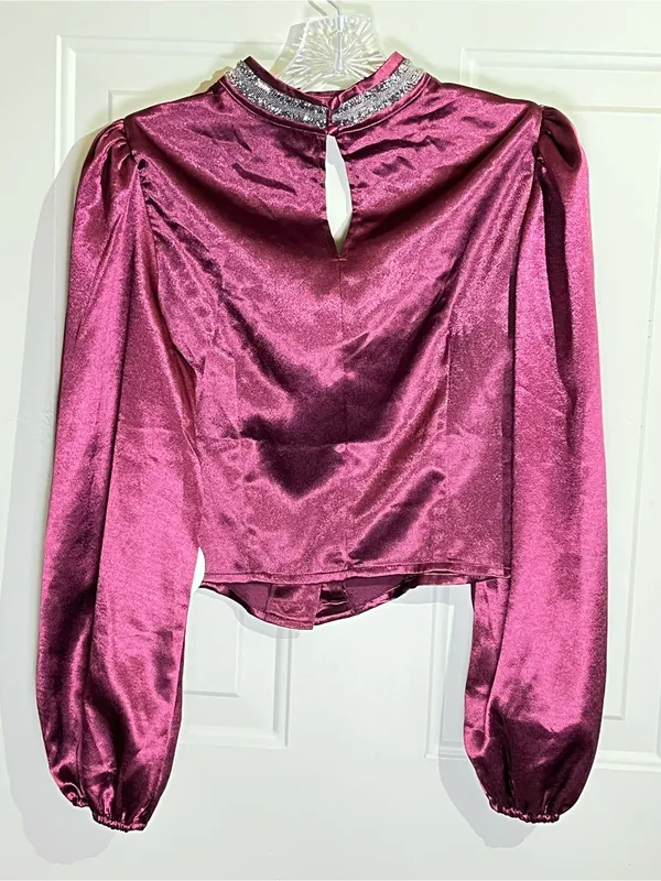 Plum Satin Puff-Sleeve Jewel Collar Blouse - Image 2