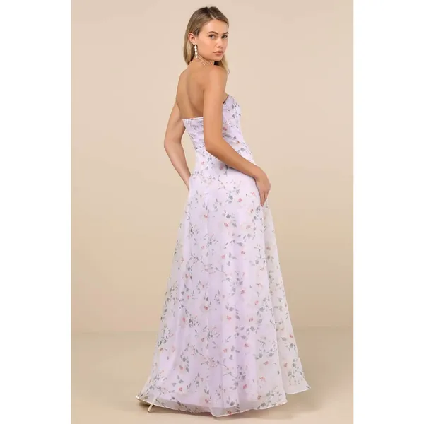 NWT Lulus Chic Preciousness Lavender Floral Organza Bustier Maxi Dress Gala XS - Image 3