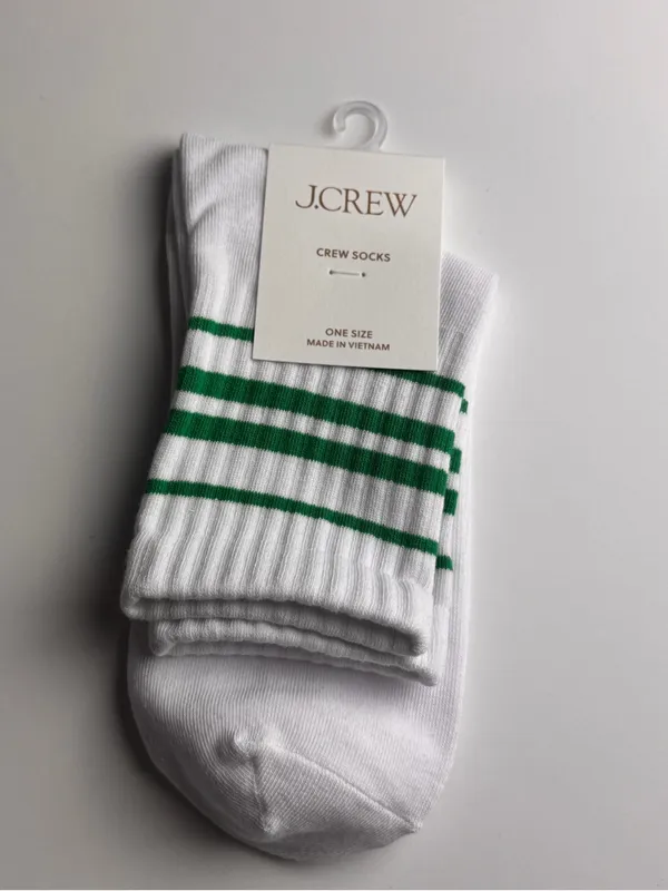 J. Crew White Crew Socks with Green Stripes New With Tag One Size - Image 5