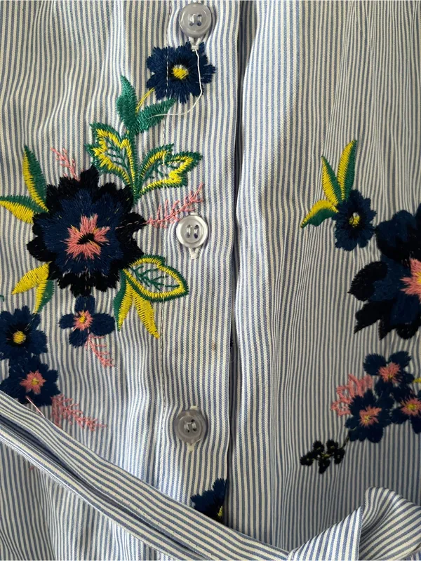 Eci Light Blue Floral Embroidered Pinstripe Shirt Button Up Mini Dress 4 Cottage - Image 5