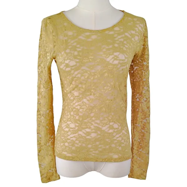 Anthropologie Mustard Yellow Sheer Lace Long Sleeve Top Shirt XS - Image 2