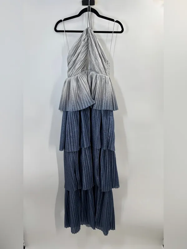 Line & Dot Oracle Maxi Dress Denim Blue Halter Tiered Ruffle Formal Gown - Image 4