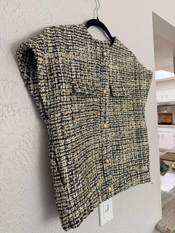 Zara collection black gold sequin tweed button down short sleeve blouse XS S - Image 5