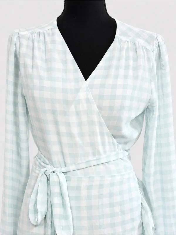 WAYF Blue White Gingham Wrap Ruffle Hi Low Midi Dress NWT M Cottagecore - Image 5