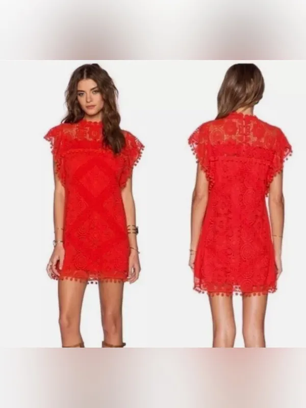 Tularosa revolve red lace pom pom shift mini dress women’s size small - Image 3
