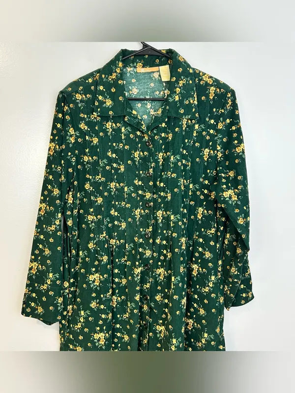 Vintage La Cera Green Floral Corduroy Button Down Cottagecore Midi Dress Large - Image 2